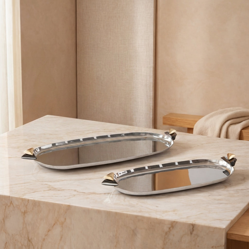 Set of 2 Oval Metal Tray with gift box - Gold and Black