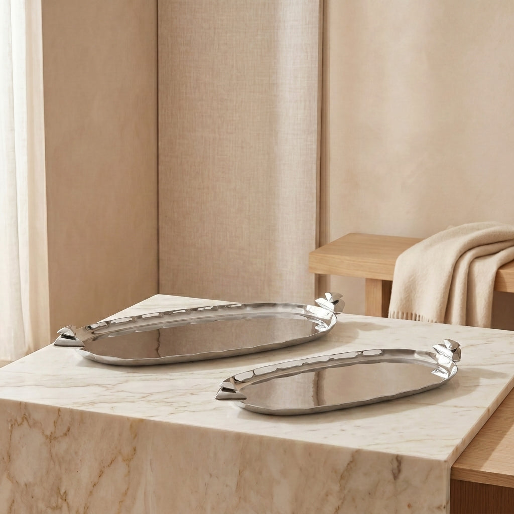 Set of 2 Oval Metal Tray with gift box - Silver & Black