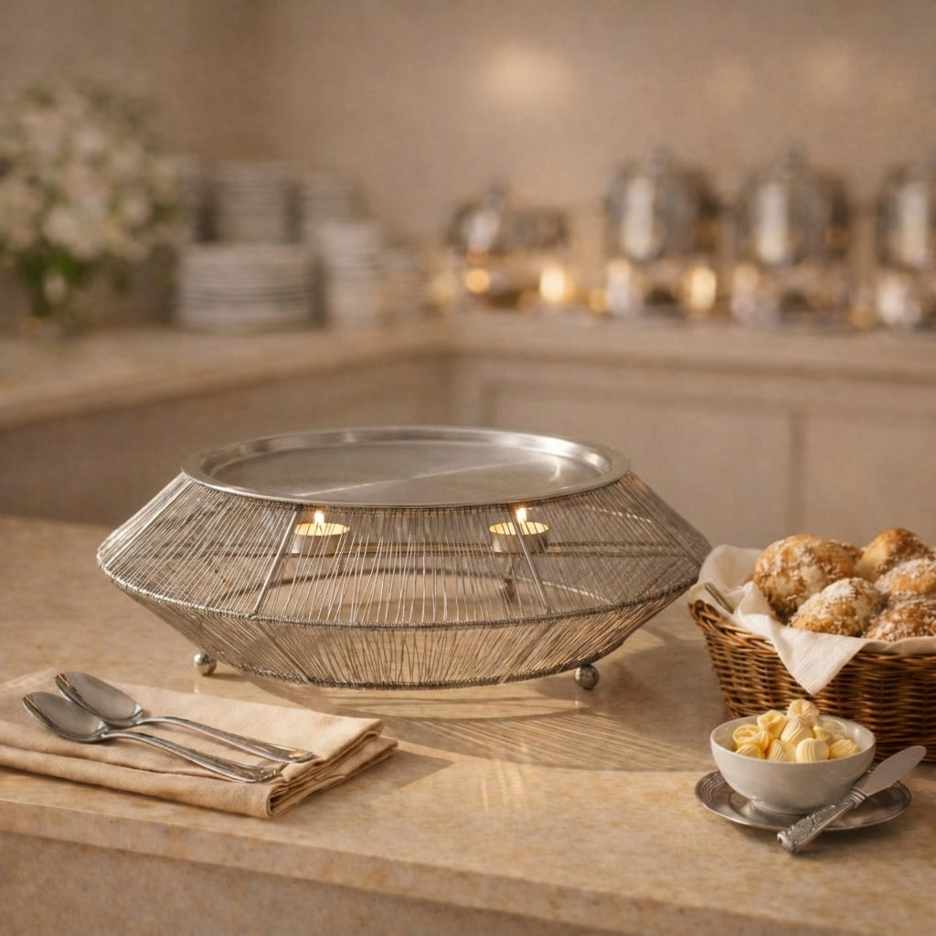 Oval Stainless Steel Food Heater With Metal Base - Small