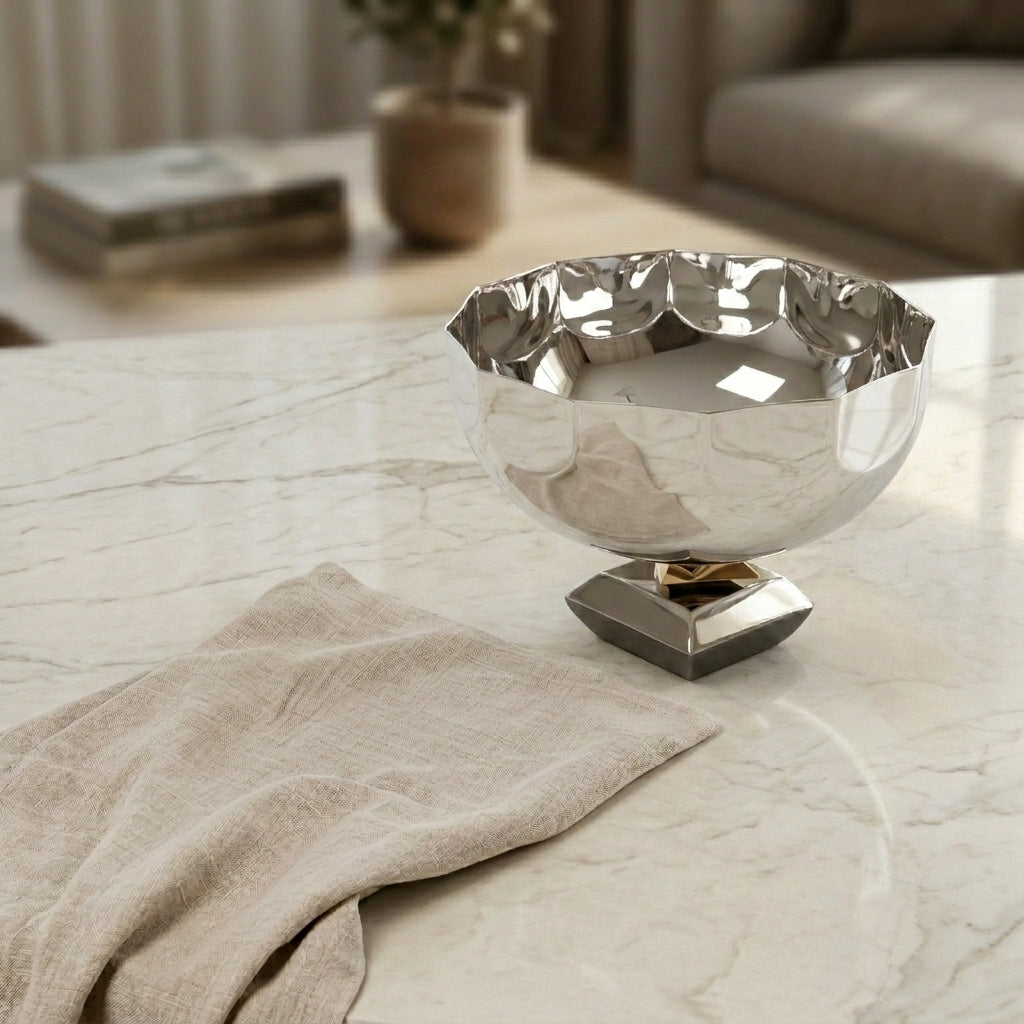 Elegant Round Metal Bowl with base - Silver and Gold