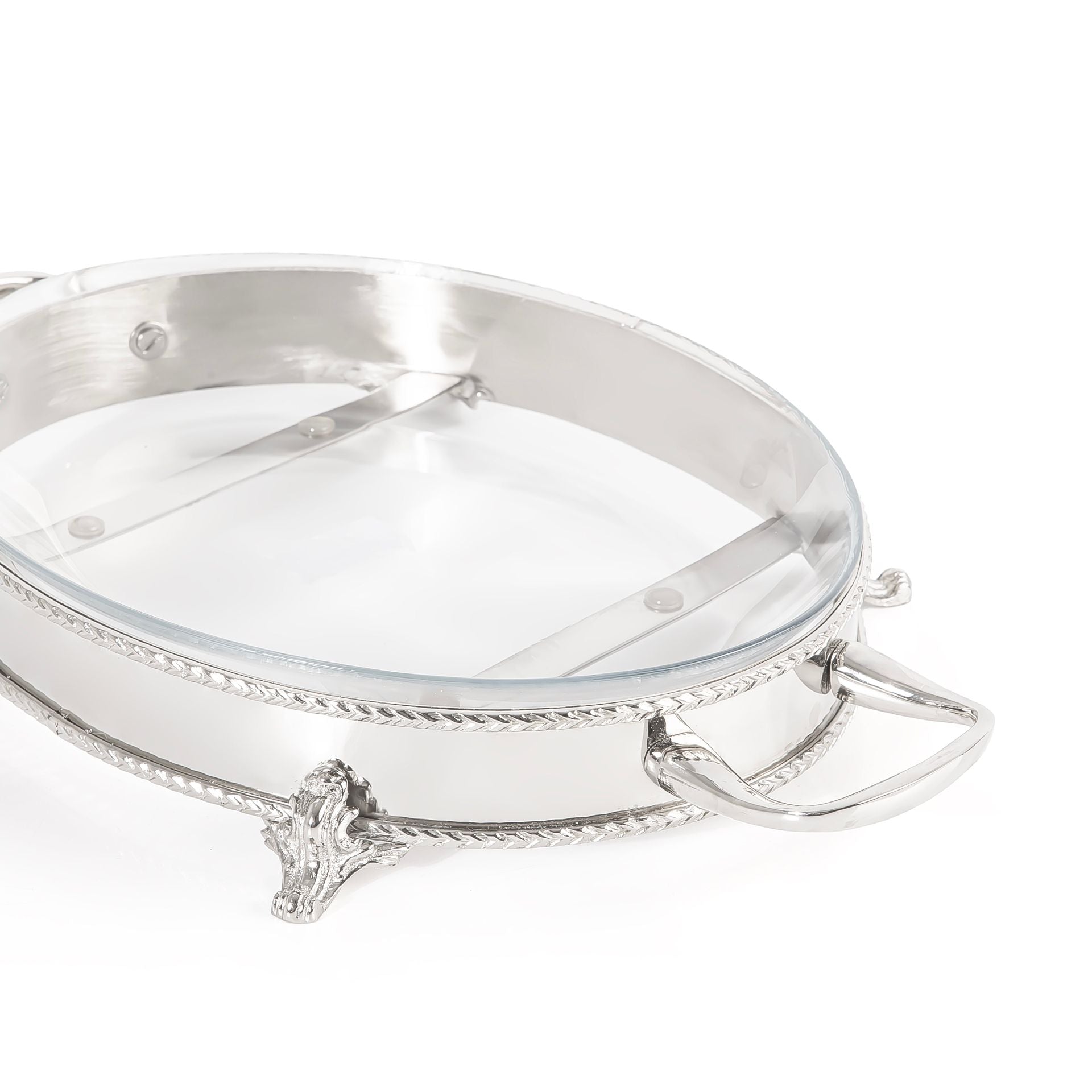 Oval Stainless Steel Serving Stand with Interior Glass Bowl - Small