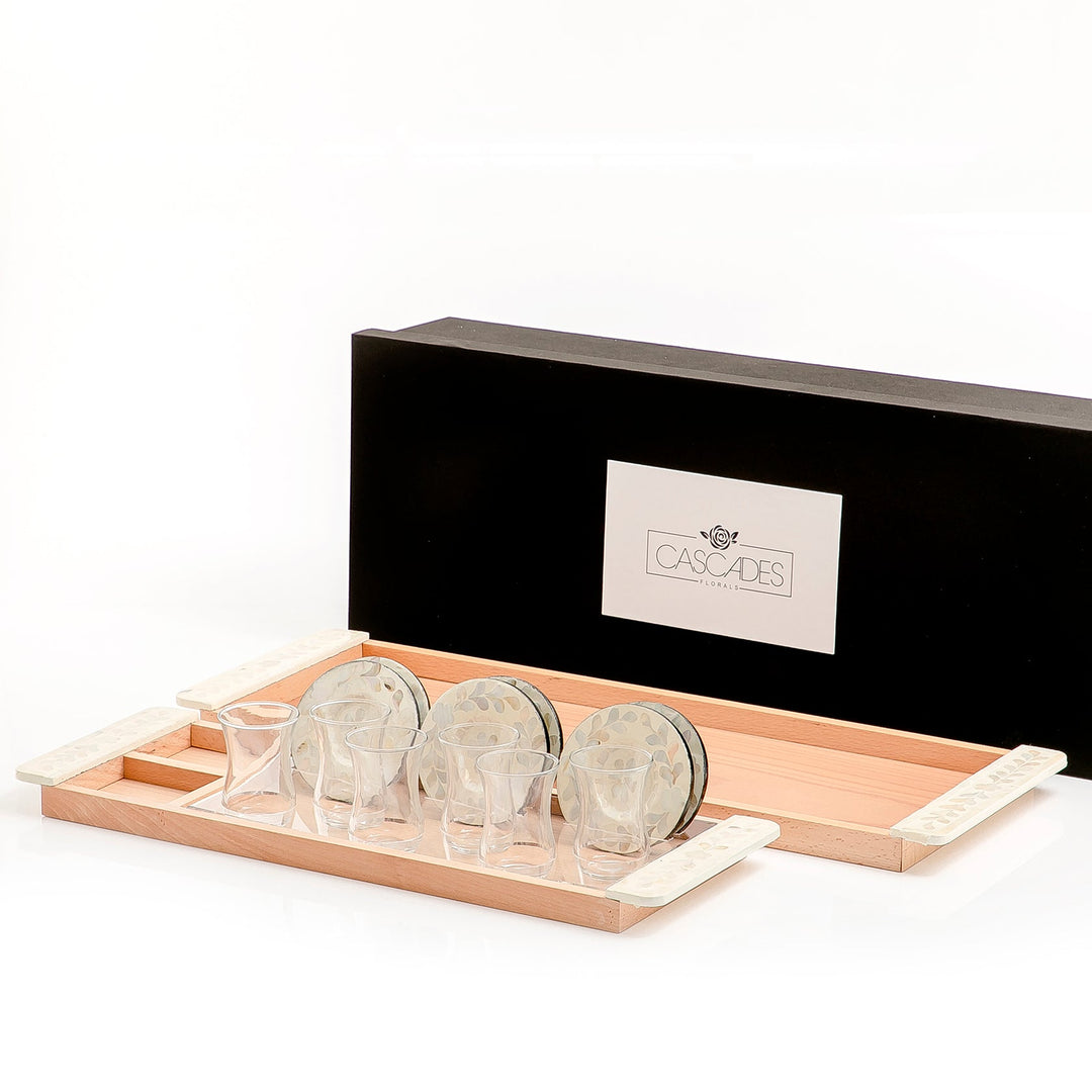 Set of 2 wooden trays with M.O.P coasters and glasses (7139971891395)