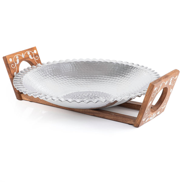 Aluminum Dish with Wooden Stand Inlaid with Mother of Pearl - Large