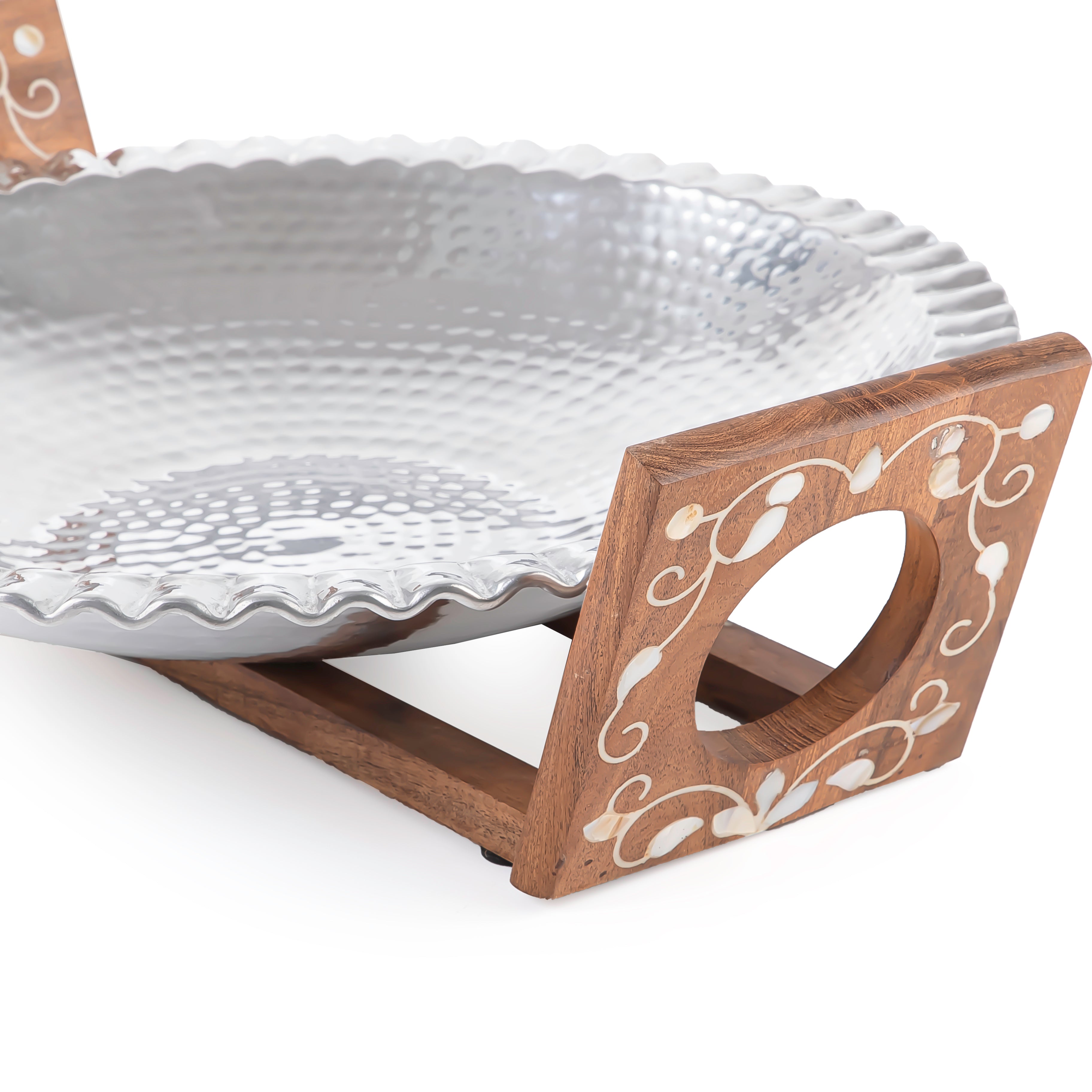 Aluminum Dish with Wooden Stand Inlaid with Mother of Pearl - Large