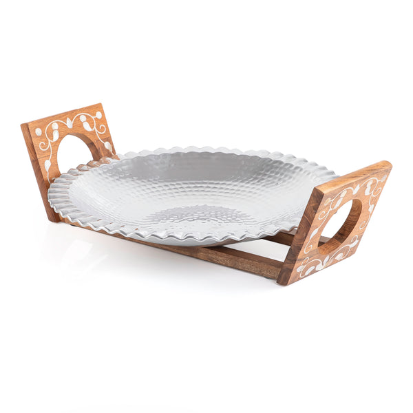 Aluminum Dish with Wooden Stand Inlaid with Mother of Pearl - Medium