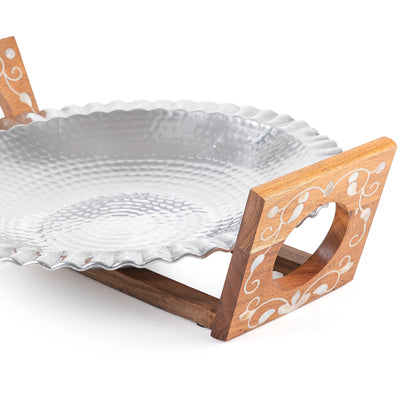 Aluminum Dish with Wooden Stand Inlaid with Mother of Pearl - Medium