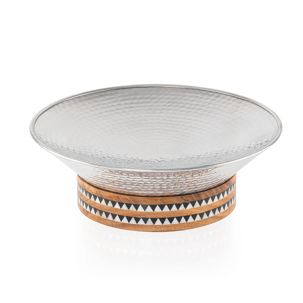 Round Hammered Aluminum Serving Bowl
 with Decorative Wooden Base with
 Mother of Pearl - Large