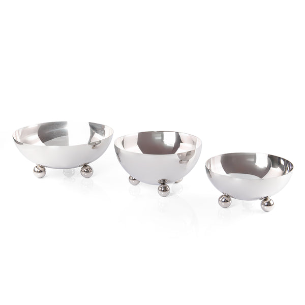 Set of 3 stainless steel serving bowls with spherical bases