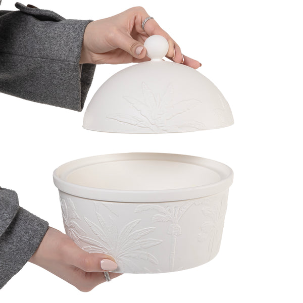 White Ceramic Bowl with Lid 
and Embossed Pattern