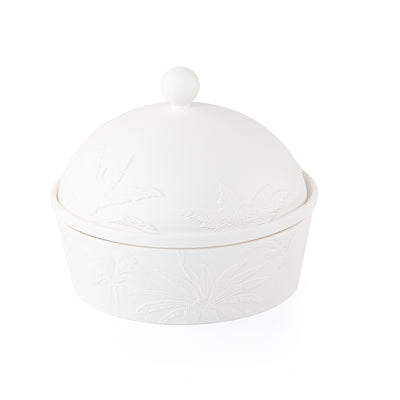 White Ceramic Bowl with Lid 
and Embossed Pattern