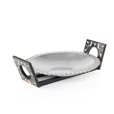 Aluminum Dish with Wooden Stand Inlaid with Mother of Pearl - Medium