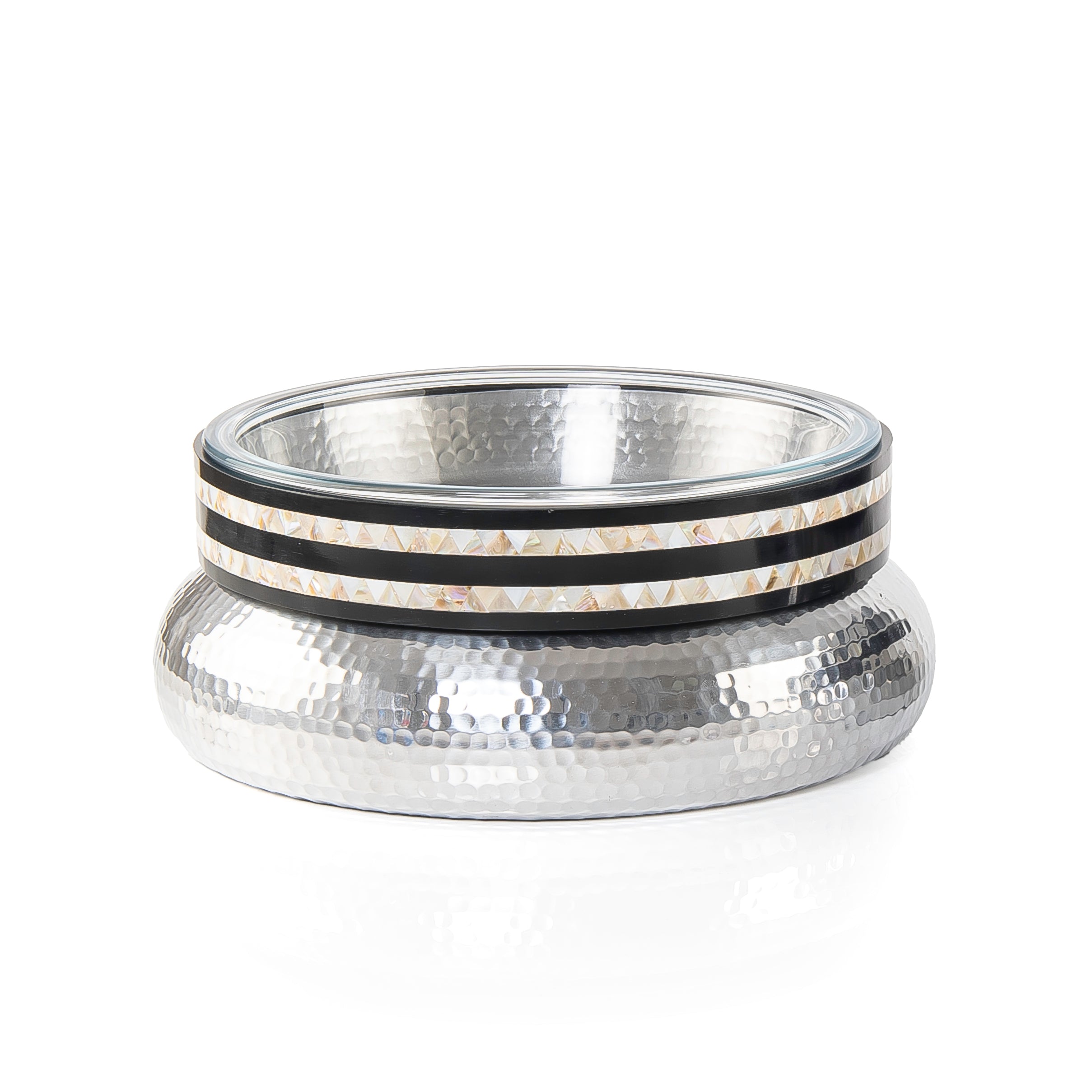 Round Glass Bowl with Hammered Aluminum Base and Wooden Rim with
 Mother of Pearl - Large