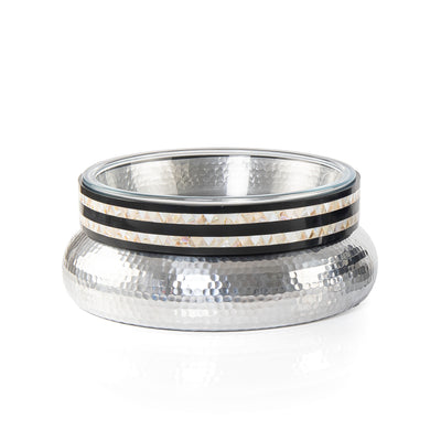 Round Glass Bowl with Hammered Aluminum Base and Wooden Rim with
 Mother of Pearl - Large