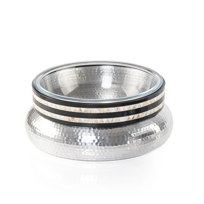 Round Glass Bowl with Hammered Aluminum Base and Wooden Rim with
 Mother of Pearl - Large
