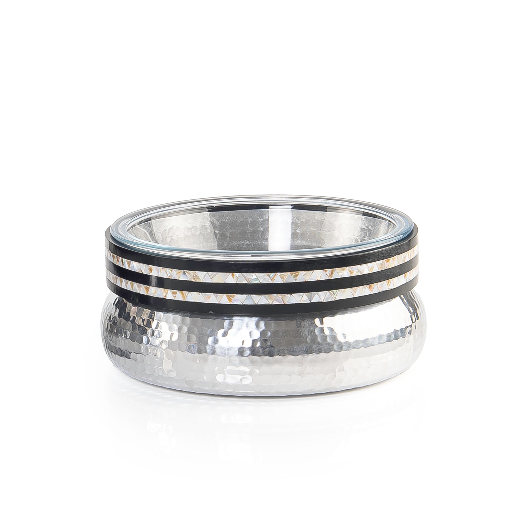 Round Glass Bowl with Hammered Aluminum Base and Wooden Rim with
 Mother of Pearl - Medium