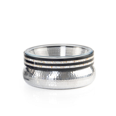 Round Glass Bowl with Hammered Aluminum Base and Wooden Rim with
 Mother of Pearl - Medium