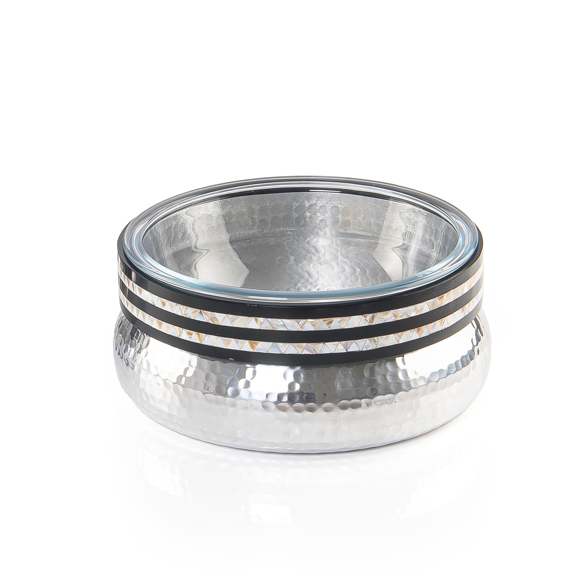 Round Glass Bowl with Hammered Aluminum Base and Wooden Rim with
 Mother of Pearl - Medium