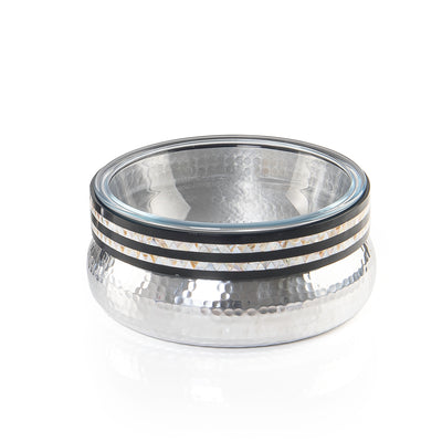 Round Glass Bowl with Hammered Aluminum Base and Wooden Rim with
 Mother of Pearl - Medium
