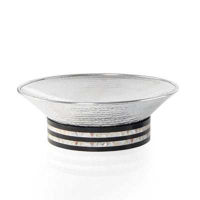Round Hammered Aluminum Serving Bowl
 with Decorative Wooden Base with
 Mother of Pearl - Large