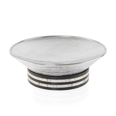 Round Hammered Aluminum Serving Bowl
 with Decorative Wooden Base with
 Mother of Pearl - Large