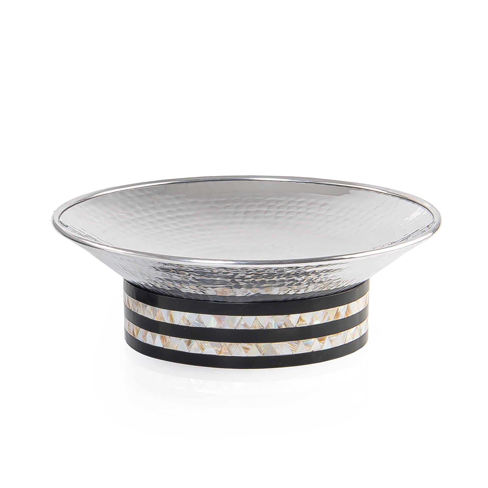 Round Hammered Aluminum Serving Bowl
 with Decorative Wooden Base with
 Mother of Pearl- Large