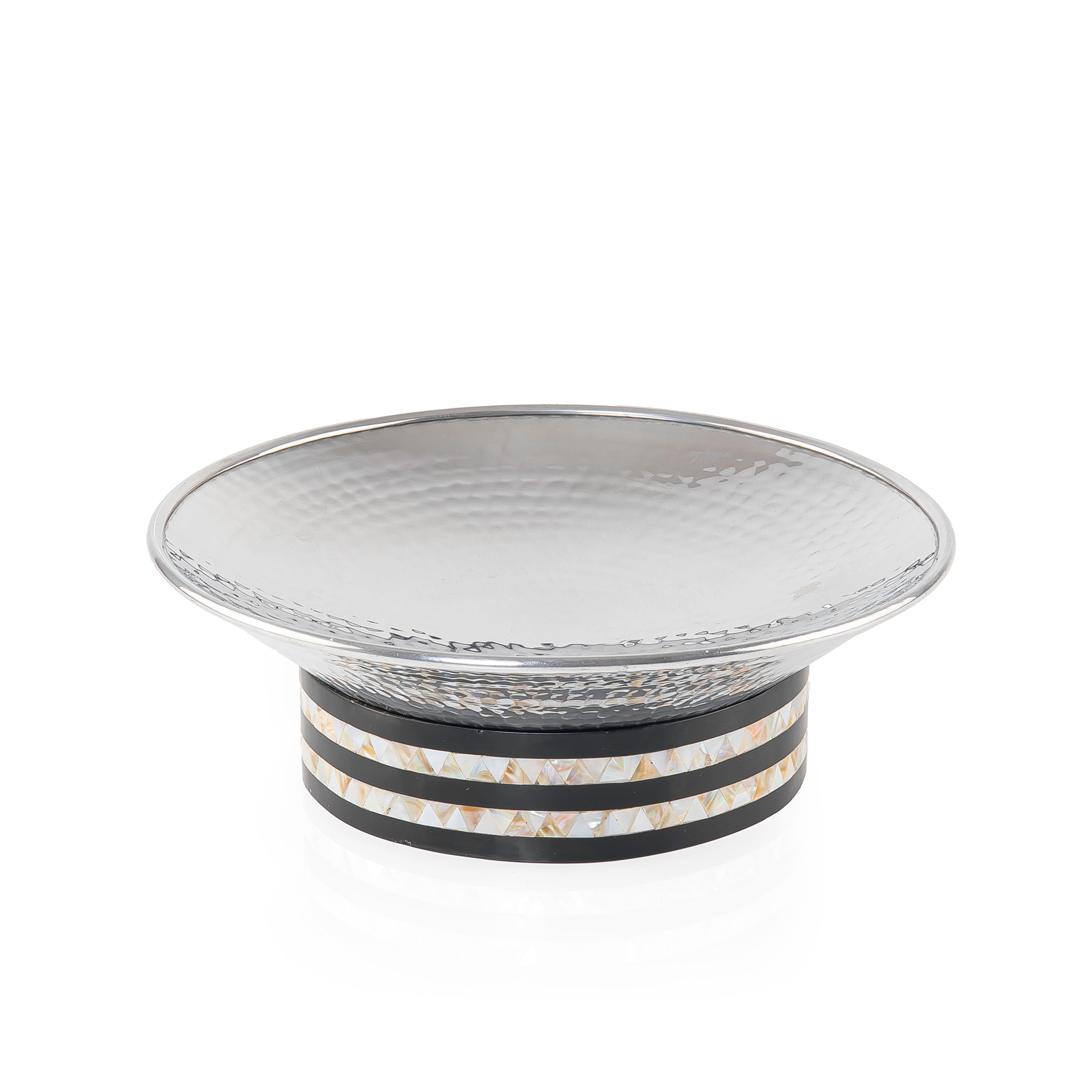 Round Hammered Aluminum Serving Bowl
 with Decorative Wooden Base with
 Mother of Pearl- Large