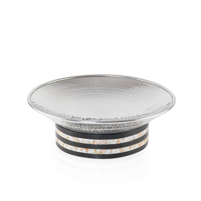 Round Hammered Aluminum Serving Bowl
 with Decorative Wooden Base with
 Mother of Pearl- Large