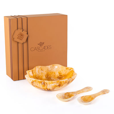 طقم من وعاء تقديم كبير من الراتنج مع ملعقتين مع بوكس هدايا  – عنبر