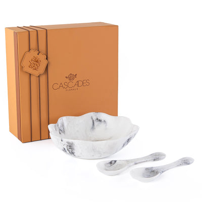 طقم من وعاء تقديم كبير من الراتنج مع ملعقتين مع بوكس هدايا  – أبيض و أسود 
