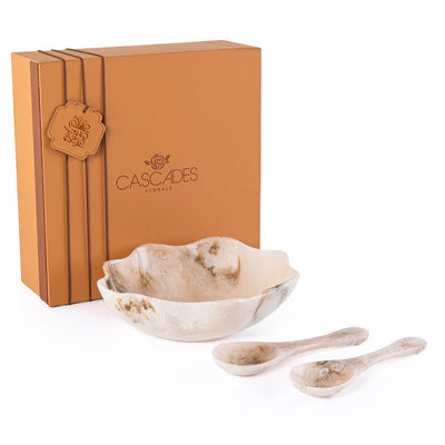 طقم من وعاء تقديم كبير من الراتنج مع ملعقتين مع بوكس هدايا  – بيج 