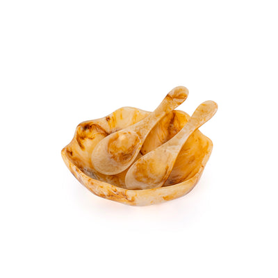 طقم من وعاء تقديم صغير من الراتنج مع ملعقتين مع بوكس هدايا  – عنبر 