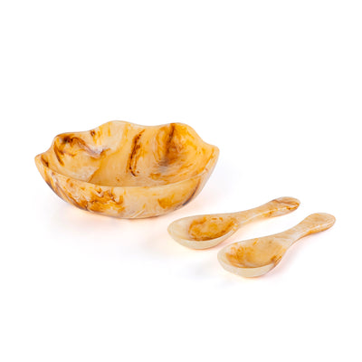 طقم من وعاء تقديم صغير من الراتنج مع ملعقتين مع بوكس هدايا  – عنبر 