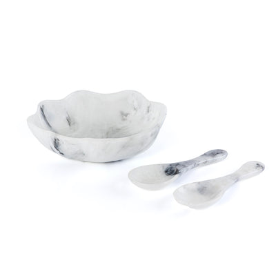 Small Resin Serving Bowl with 2 Spoons - Black & White