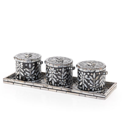 Set of 3 Mother of Pearl Jars with Lids and  Serving Tray