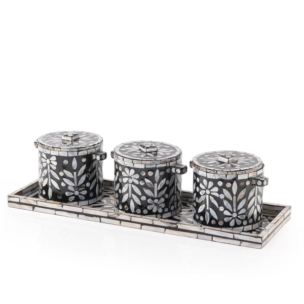 Set of 3 Mother of Pearl Jars with Lids and  Serving Tray