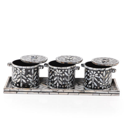 Set of 3 Mother of Pearl Jars with Lids and  Serving Tray