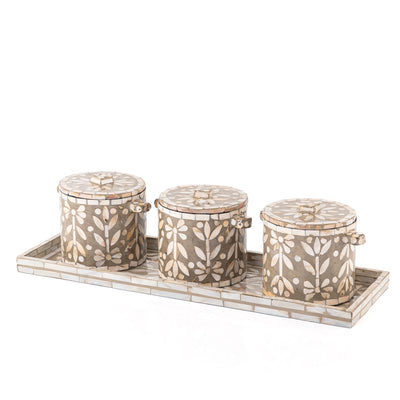 Set of 3 Mother of Pearl Jars with Lids and  Serving Tray