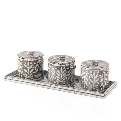 Set of 3 Mother of Pearl Jars with Lids and  Serving Tray
