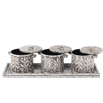 Set of 3 Mother of Pearl Jars with Lids and  Serving Tray