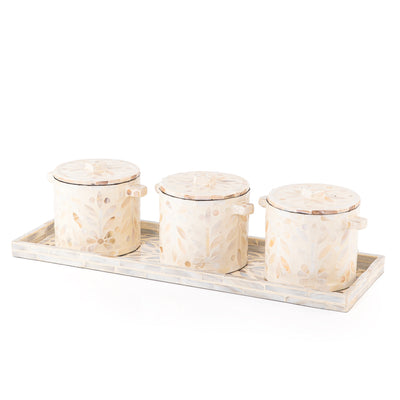 Set of 3 Mother of Pearl Jars with Lids and  Serving Tray