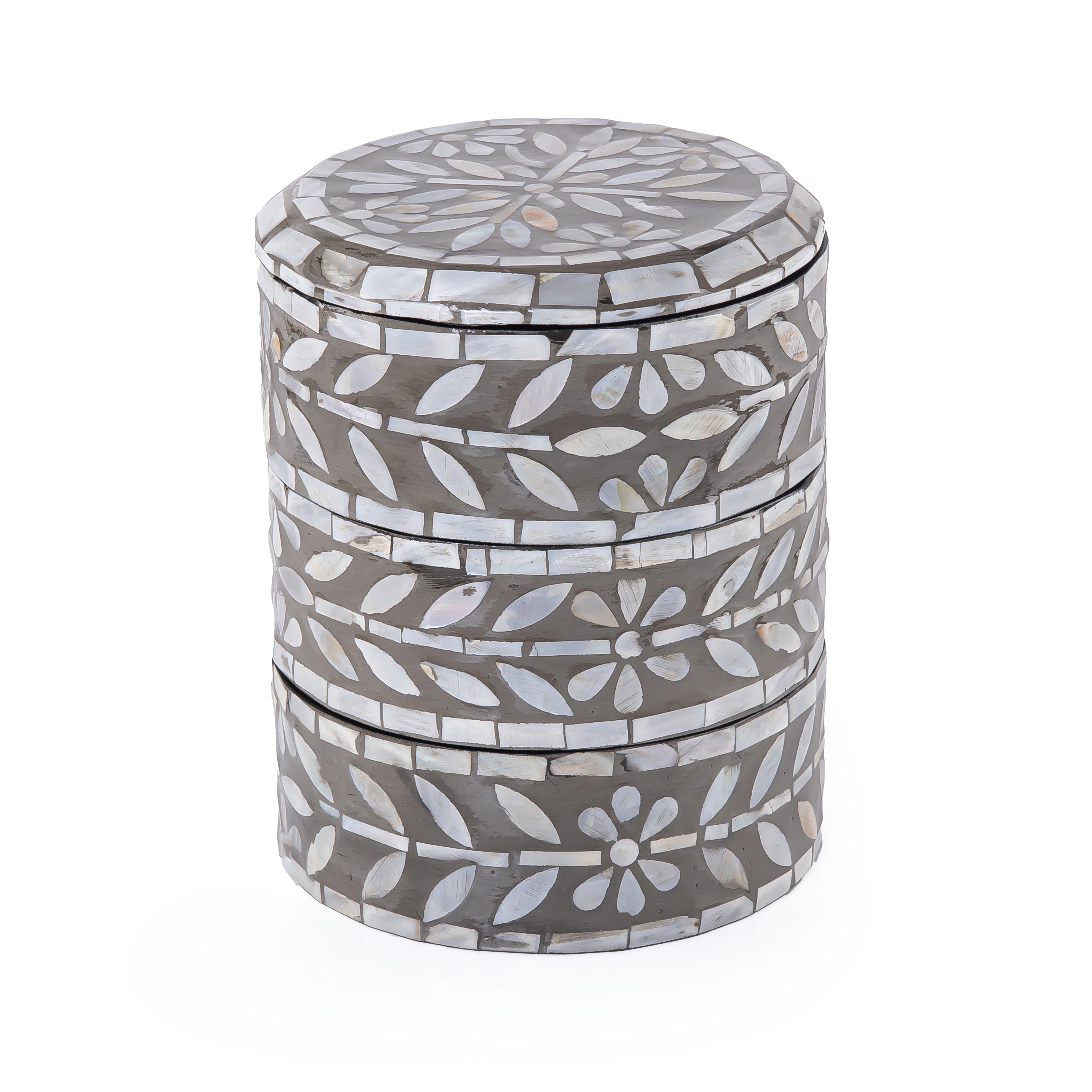 3-Story Mother of Pearl Multi-Layer Box with Lid - grey