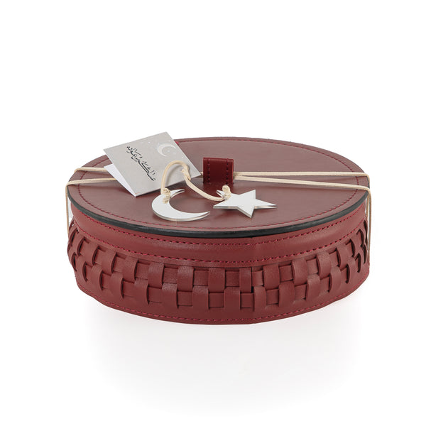 Round Leather Gergean Box with Braided Design and Lid - Large