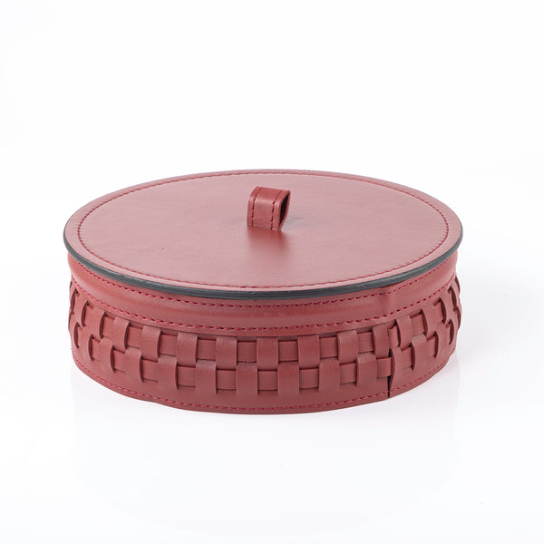 Round Leather Gergean Box with Braided Design and Lid - Large