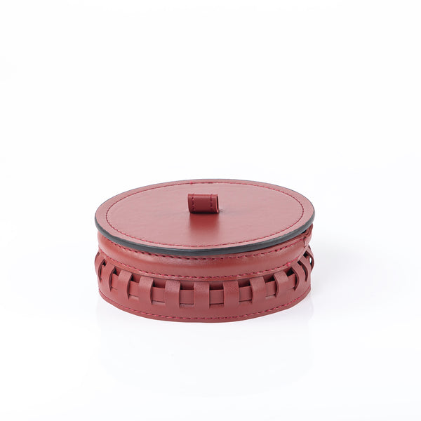 Round Leather Gergean Box with Braided Design and Lid - Medium