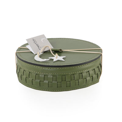 وعاء قرقيعان دائري من الجلد بتصميم مضفَّر وغطاء - كبير