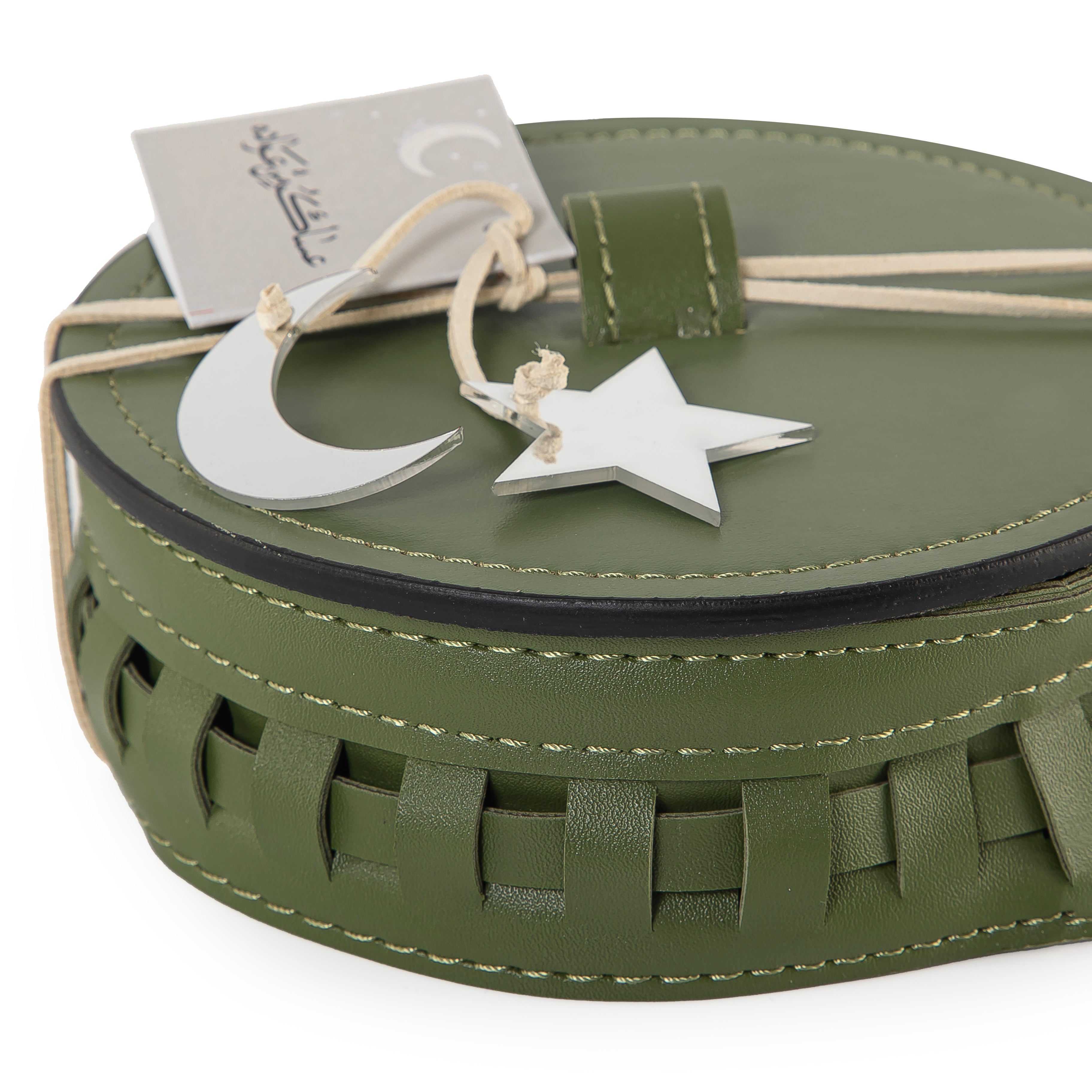 Round Leather Gergean Box with Braided Design and Lid - Medium