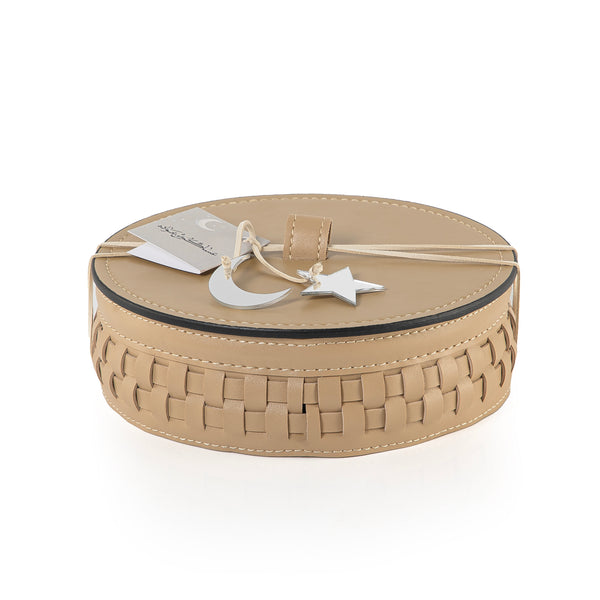 وعاء قرقيعان دائري من الجلد بتصميم مضفَّر وغطاء - كبير