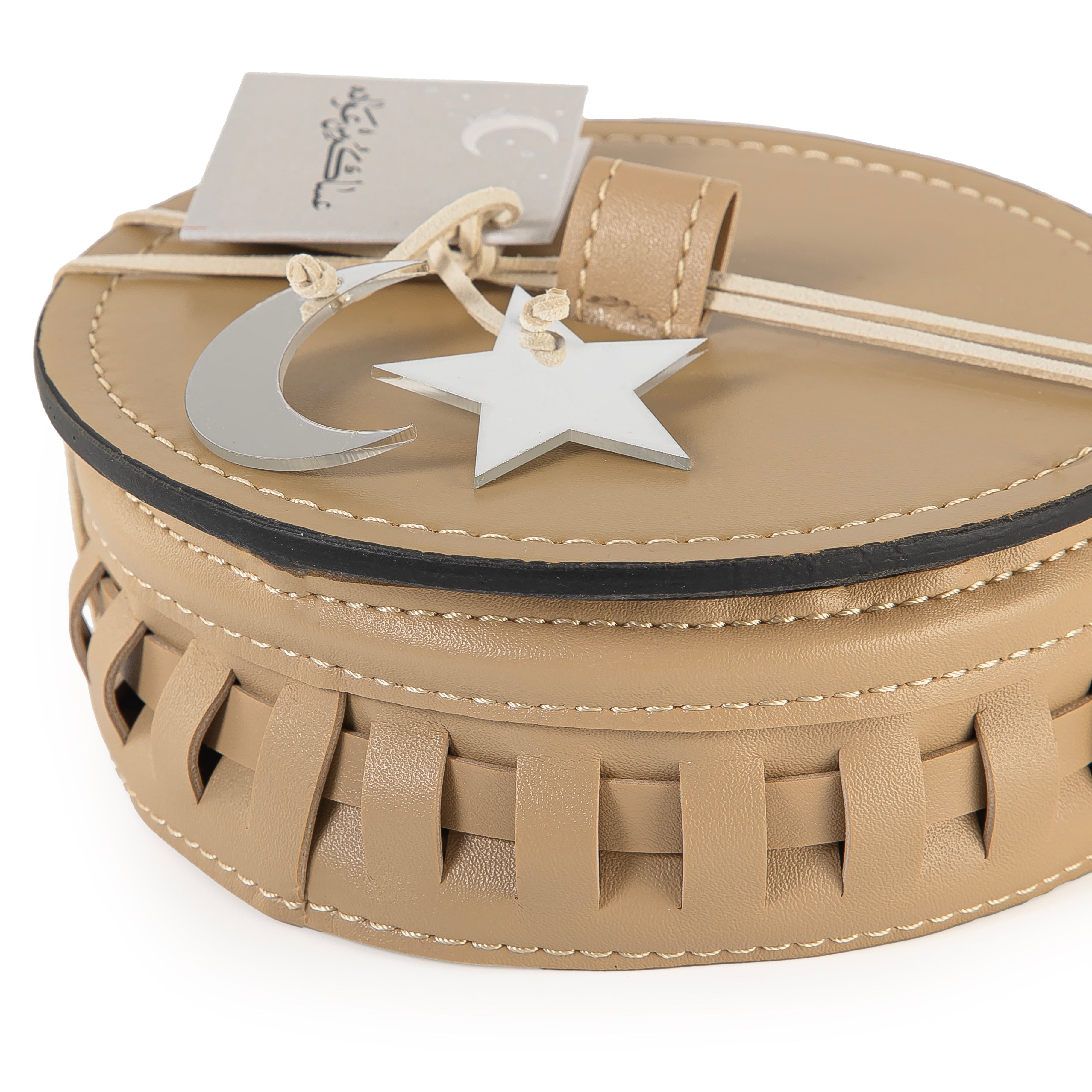 Round Leather Gergean Box with Braided Design and Lid - Medium