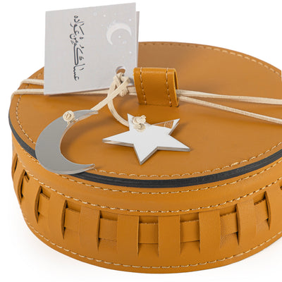 Round Leather Gergean Box with Braided Design and Lid - Medium