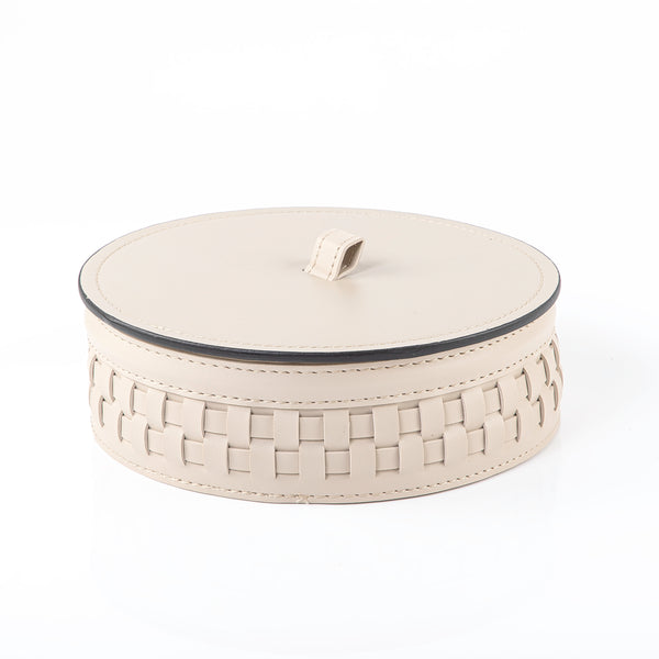 وعاء قرقيعان دائري من الجلد بتصميم مضفَّر وغطاء - كبير